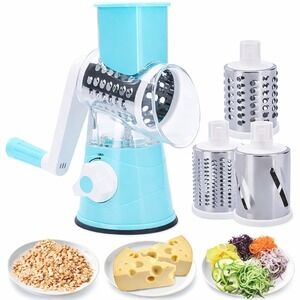 Manual Rotary Vegetable Cutter & Grater 3-Blade – Kitchen Food Slicer, Sky Blue